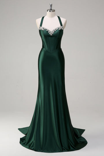 Sparkly Dark Green Mermaid Halter Corset Long Sequin Prom Dress